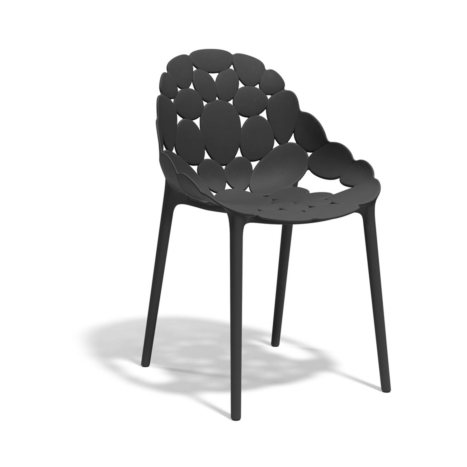 A dark grey chair with a backrest and seat made of interconnected, pebble-shaped forms.