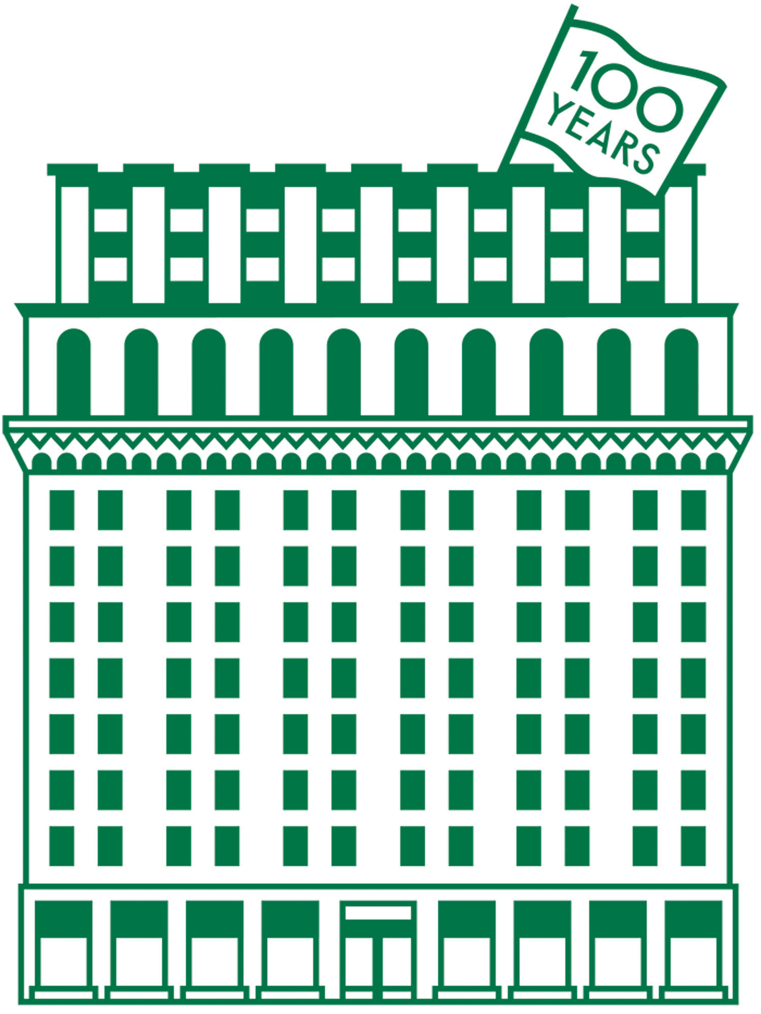 Line drawing of a large building with a flag on the roof that reads “100 YEARS.”