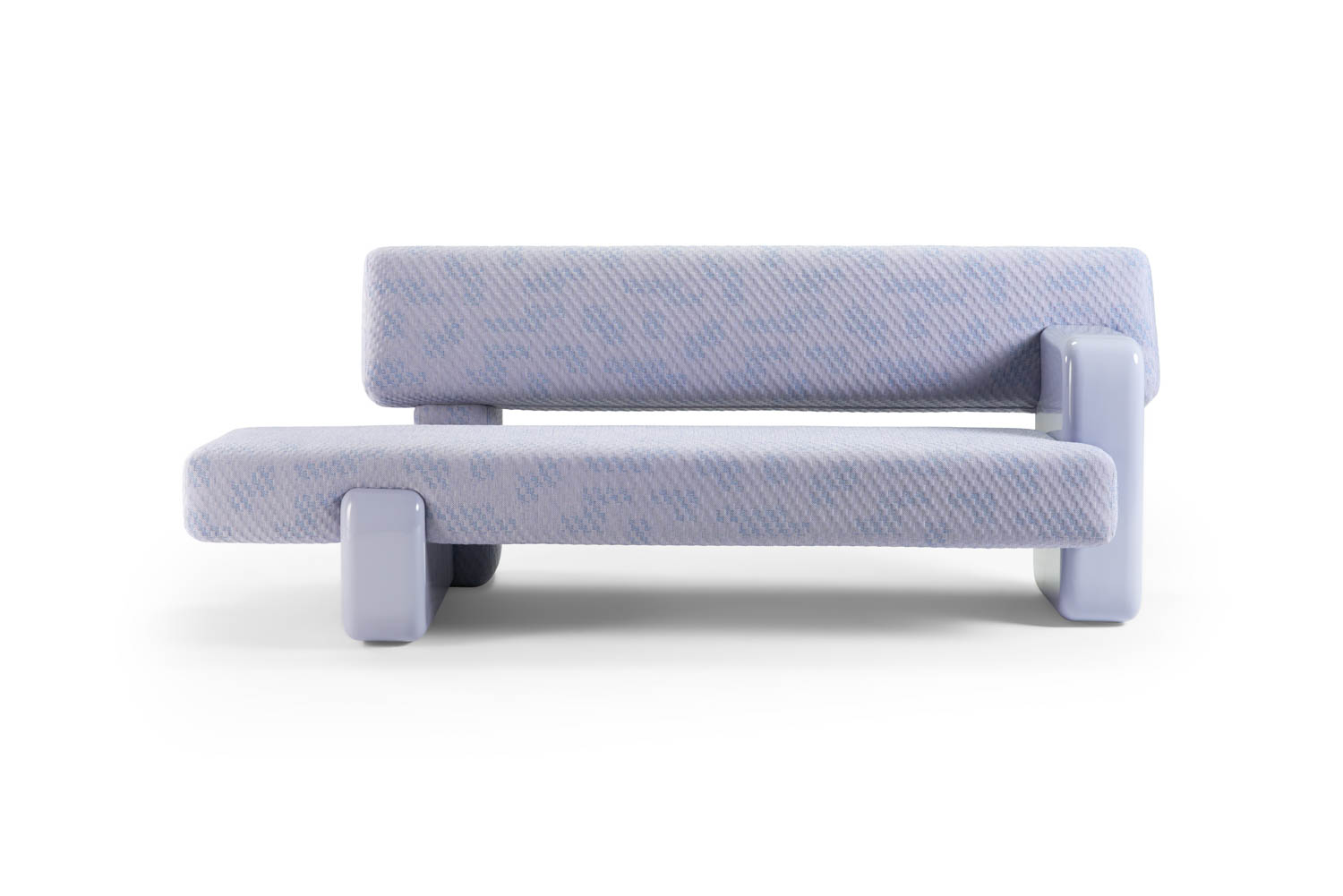 A modern, minimalist two-seater sofa with light purple upholstery and thick, rectangular cushions on a white background.