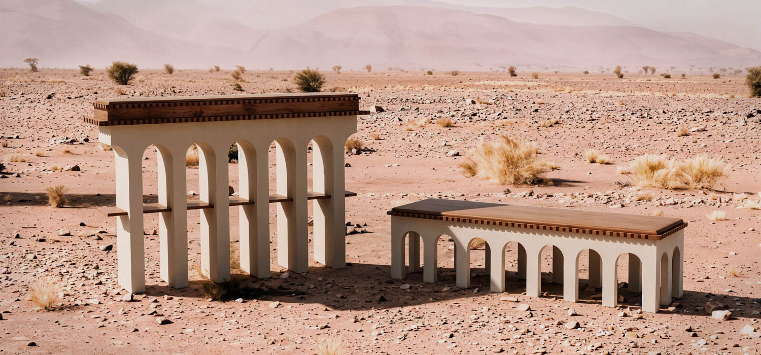 A tall arched console table and a matching arched bench with wooden tops, standing in a desert landscape.
