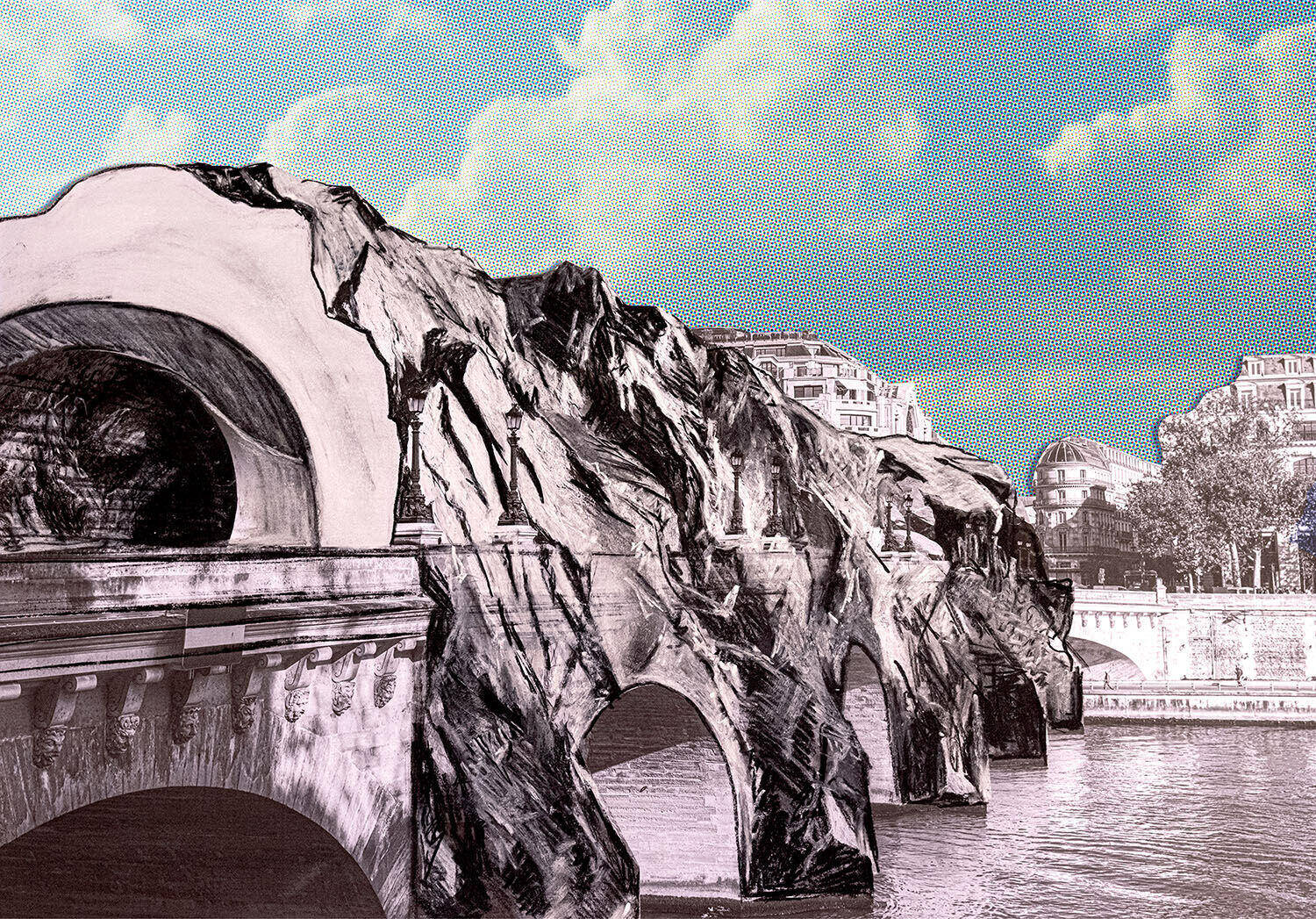 A stone bridge with ornate arches spanning a river in Paris, stylized with a vintage halftone print effect.