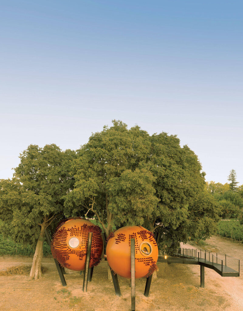 Two spherical orange structures with circular windows and textured surfaces elevated on poles beneath large trees, connected by a wooden walkway.