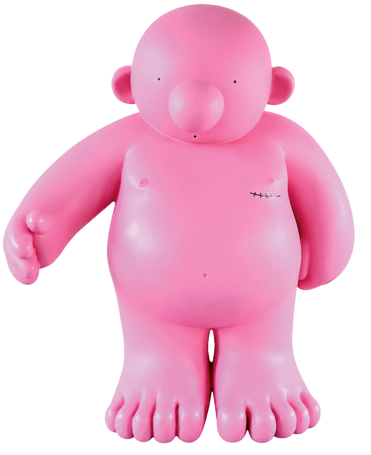 A pink, cartoon-style figure with a round body, large head, and a stitched scar on its chest.