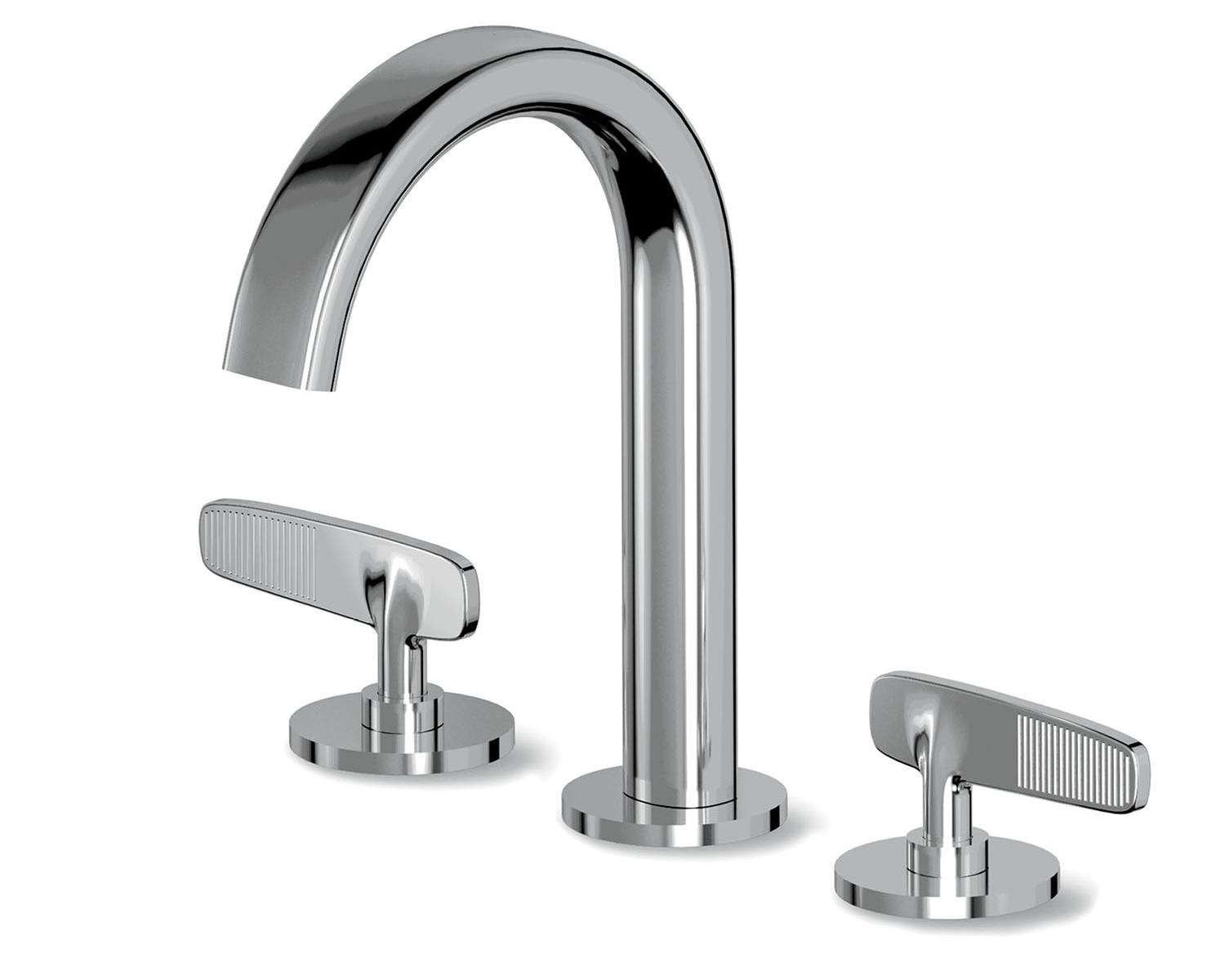 Chrome widespread bathroom faucet with two lever handles.