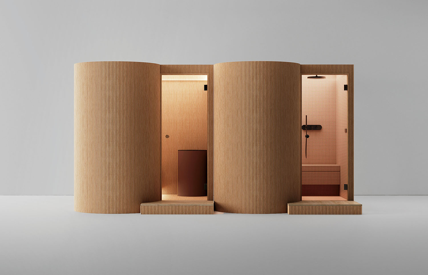 A dual-unit sauna and shower enclosure featuring fluted light wood exterior walls and matching stepped entry platforms.
