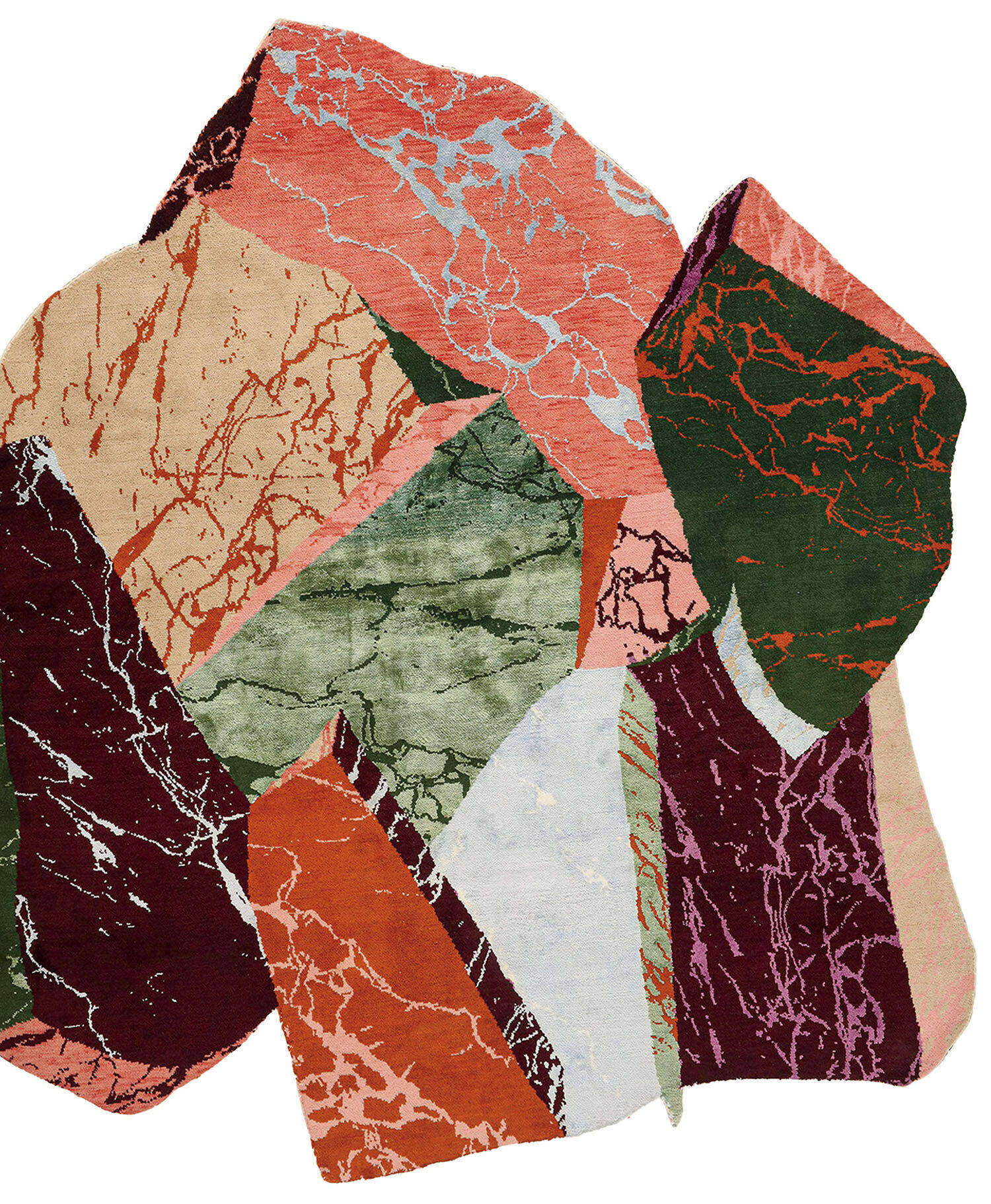An area rug with an irregular, geometric shape composed of various marbled, multicolored sections.