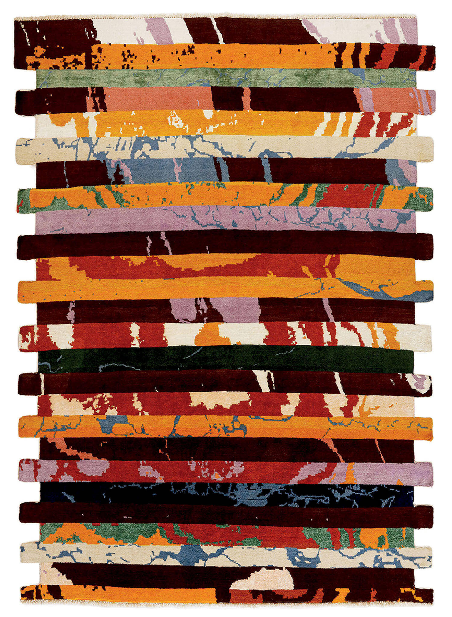 Rectangular area rug with horizontal, multi-colored bands of varying widths, some featuring distressed, textured patterns.