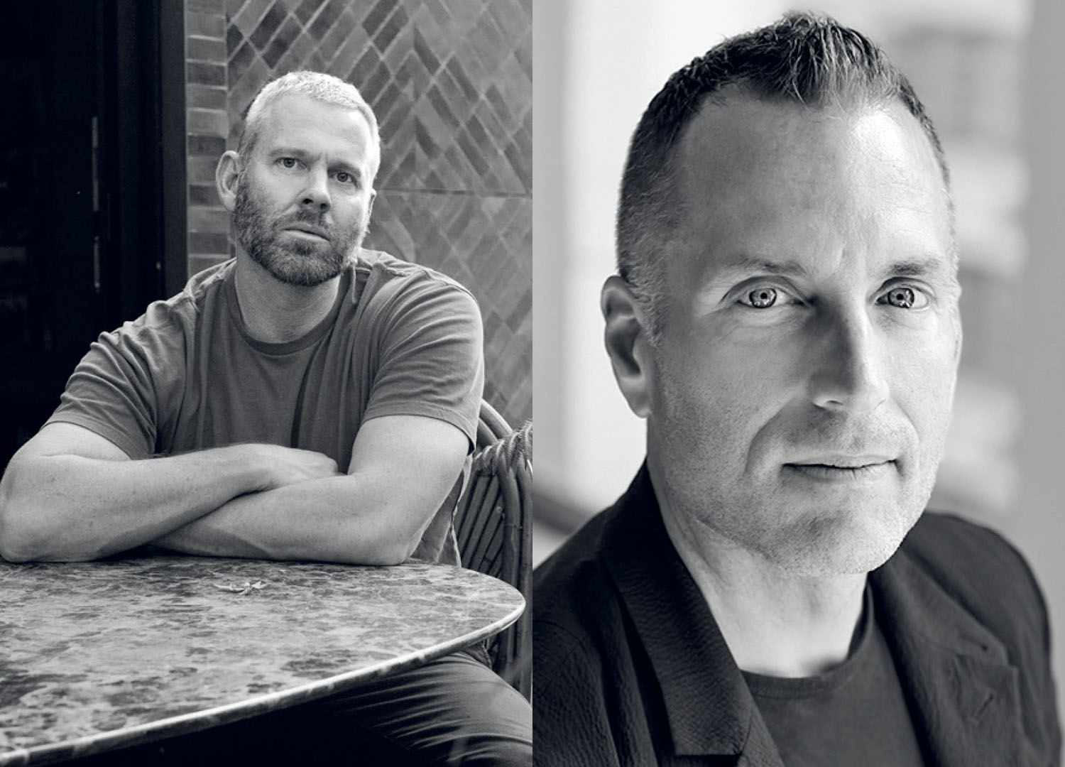 Black and white side-by-side portraits of two men.