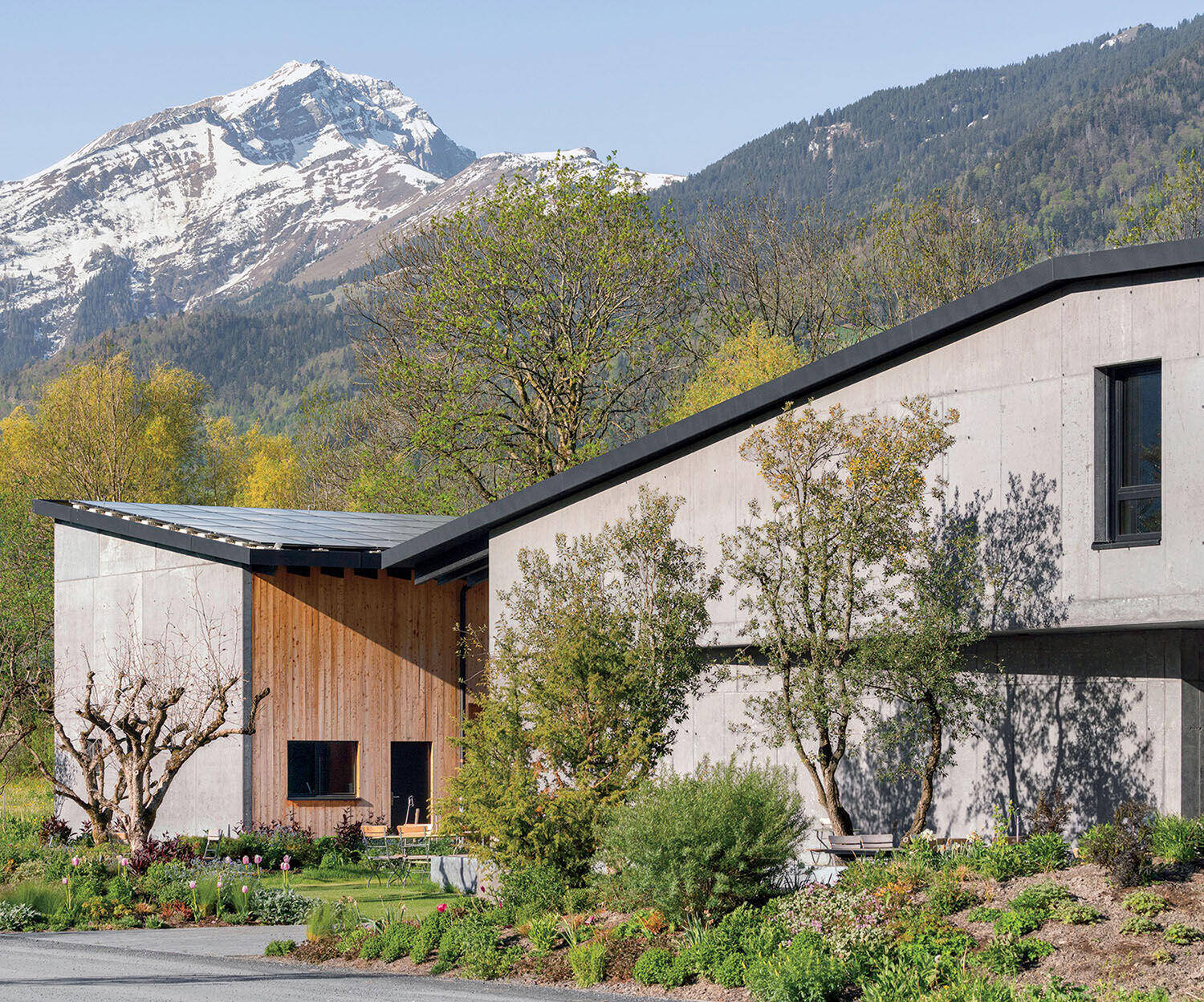 Modern concrete and wood building with solar panels, set against a snow-capped mountain range.