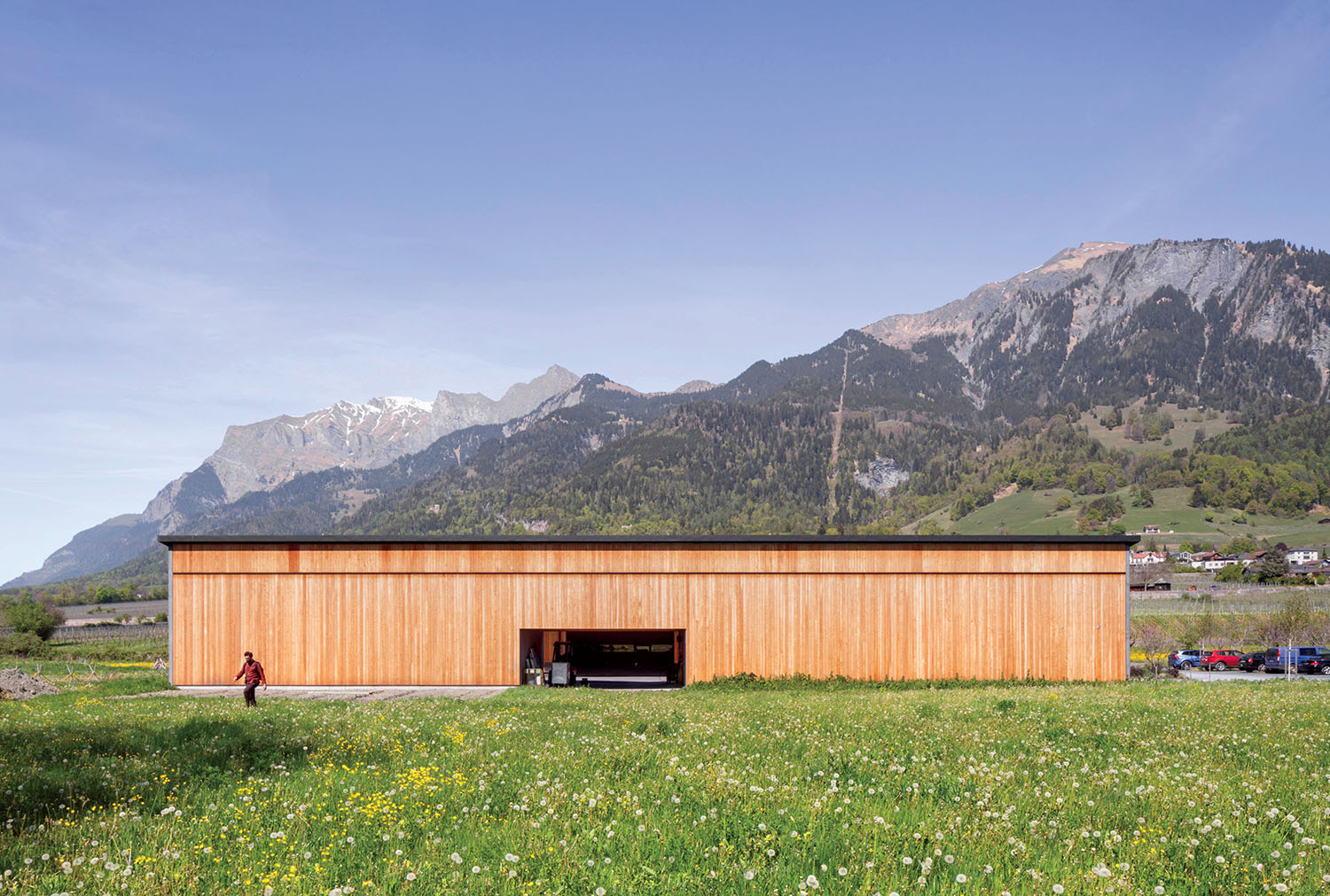 A long, rectangular building with vertical wood siding sits in a field of wildflowers before a large mountain range.